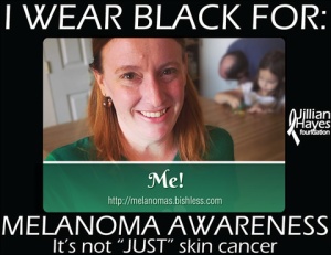 Photo of Martha labeled with frame which says "I wear black for me. Melanoma Awareness."